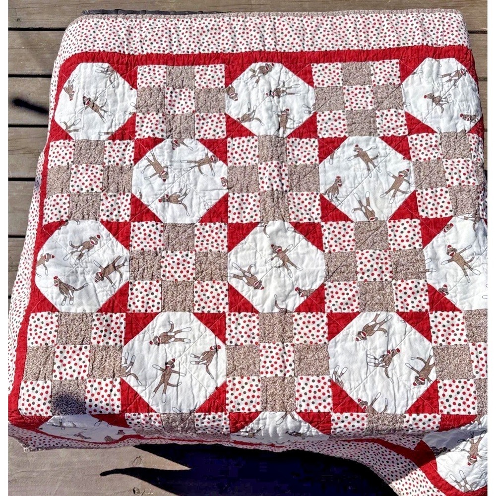 Handmade Sock Monkey/Polka‎ Dot, Square In Square Quilt 35"x35" Vintage